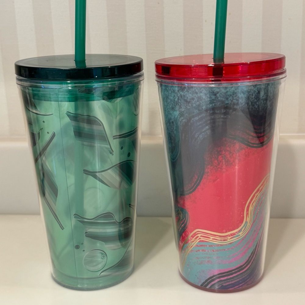 Two Starbucks 2021 16 Oz. Grande Cold Beverage Cups With Straws - Picture 3 of 15